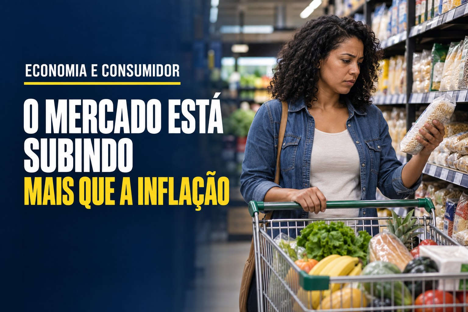 Consumidor confere preços de alimentos enquanto faz compras em um supermercado.