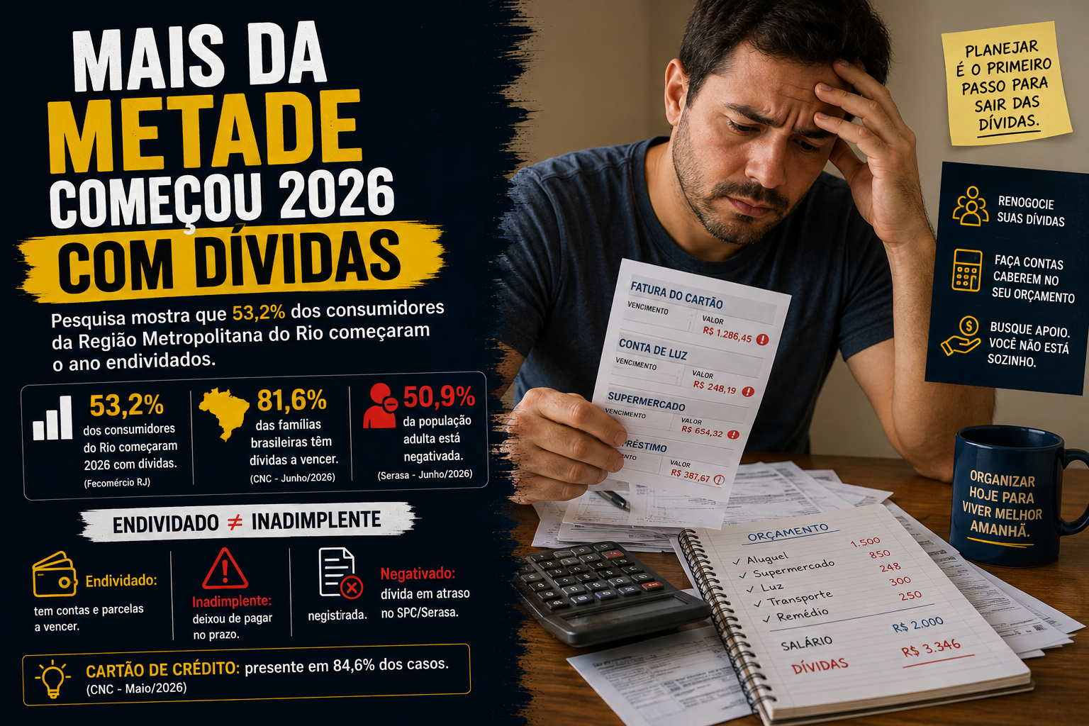 Consumidor confere faturas e contas enquanto organiza as dívidas do orçamento familiar.