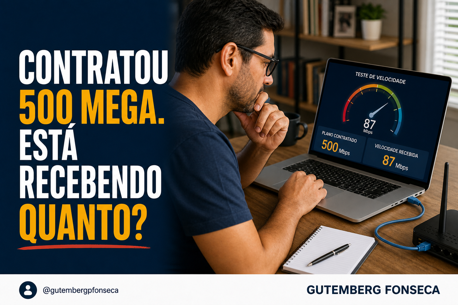 Consumidor realiza no computador um teste para comparar a velocidade da internet com o plano contratado.