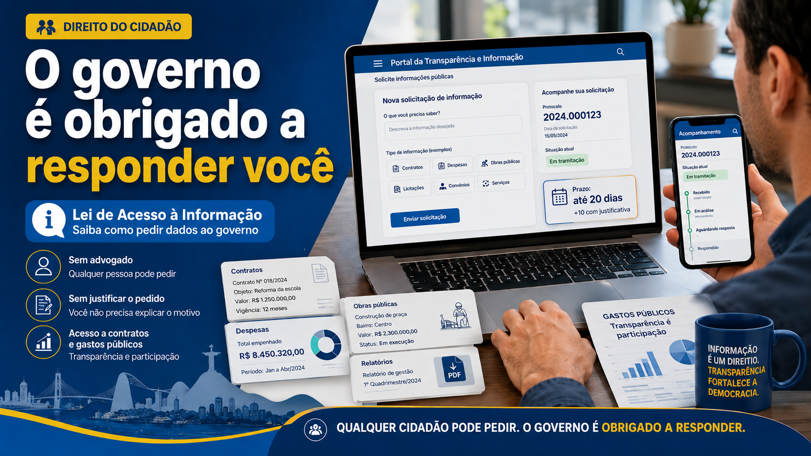 Pessoa acessando um portal do governo para solicitar informações sobre gastos e documentos públicos.