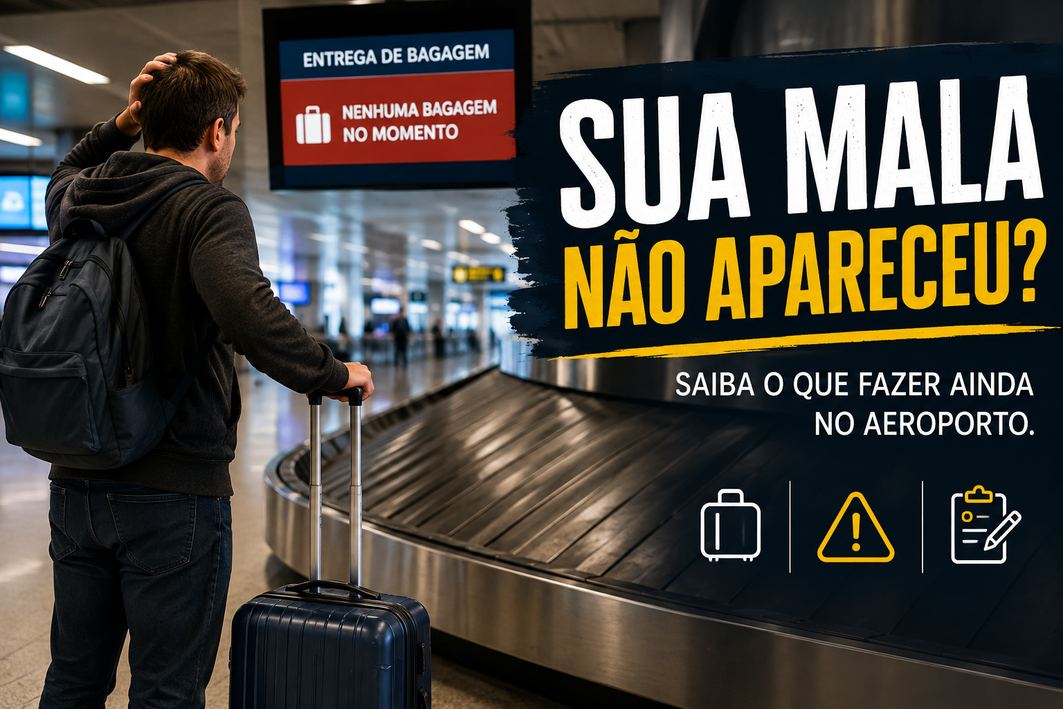 Passageiro diante de uma esteira vazia após perceber que sua bagagem não chegou ao destino.