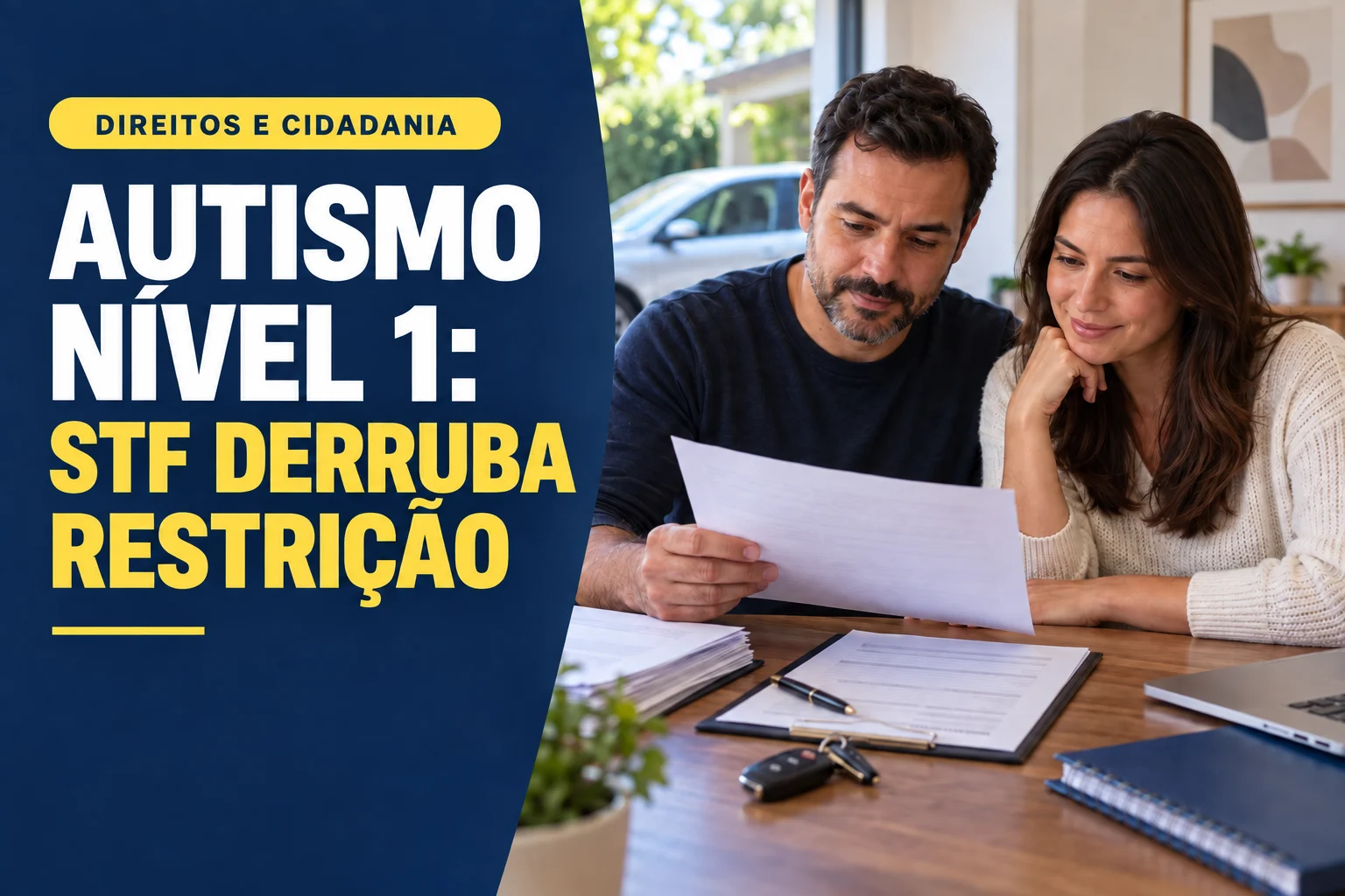 Família consulta documentos para solicitar benefício tributário na compra de veículo por pessoa com autismo.