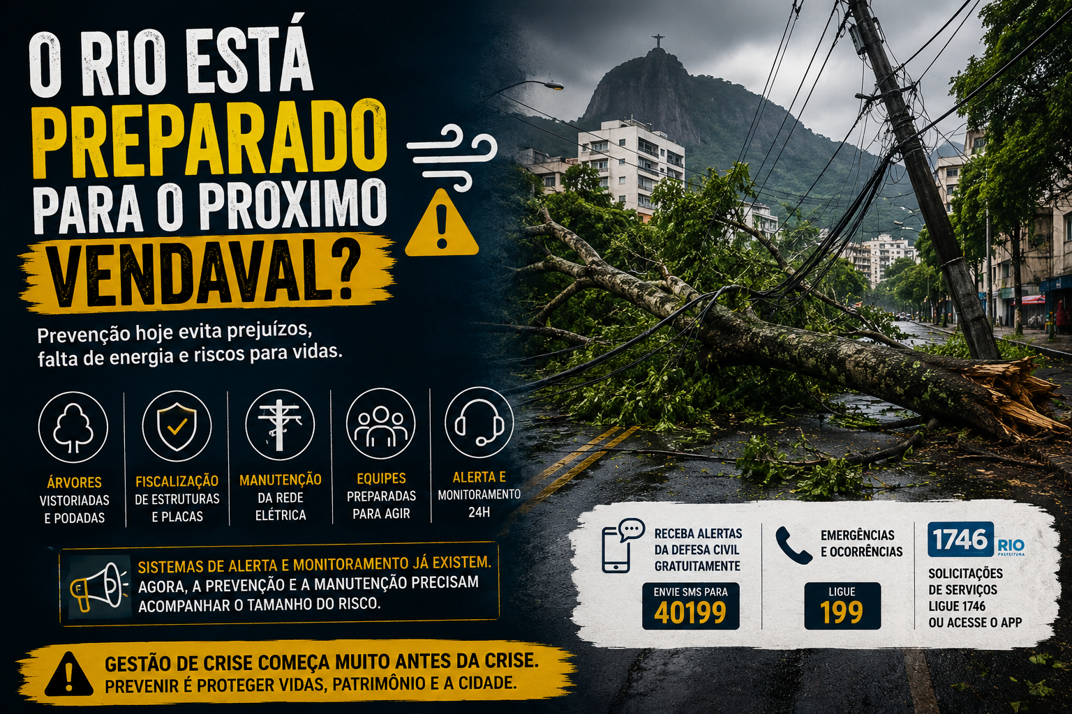 Árvore caída após vendaval bloqueia uma rua e atinge a rede elétrica no Rio de Janeiro.